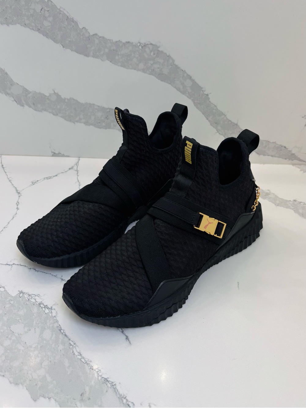 PUMA Women’s 10 Defy Mid Black Training Sneakers with Gold Buckle and Chain - Picture 2 of 8